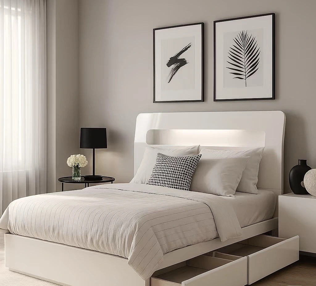 Modern Style White Lacquered Bedroom Bed with Headboard LED Lights & Under-Bed Storage 1