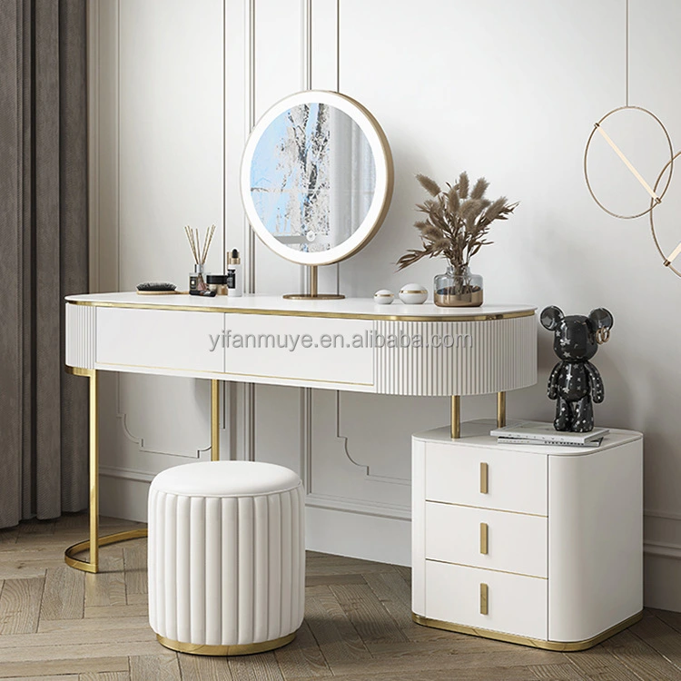 Luxury Metal Leg Dresser Table Vanity Bedroom Drawers Dressing Table With Side Cabinet and Lighted Mirror 1