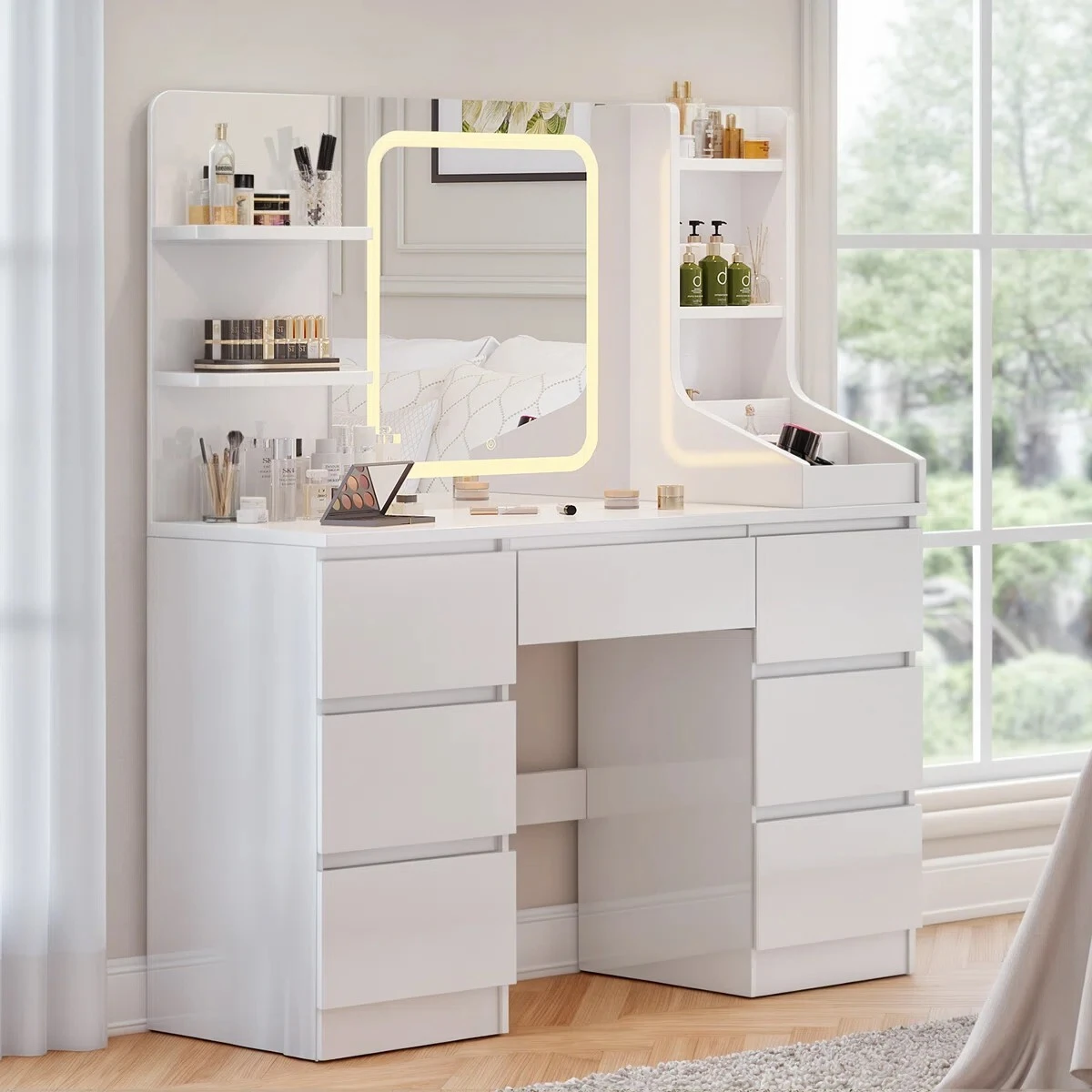 Dressing Table With 3 Colorful Light Mirror 7 Drawers and 7 Storage Shelves Makeup Desk 110cm Desktop Vanity Table 1