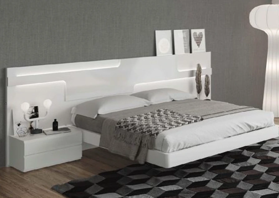 Morden White Lacquer Bedroom Set with LED Headboard, Including Bed, Nightstand, Integrated LED Lighting 1