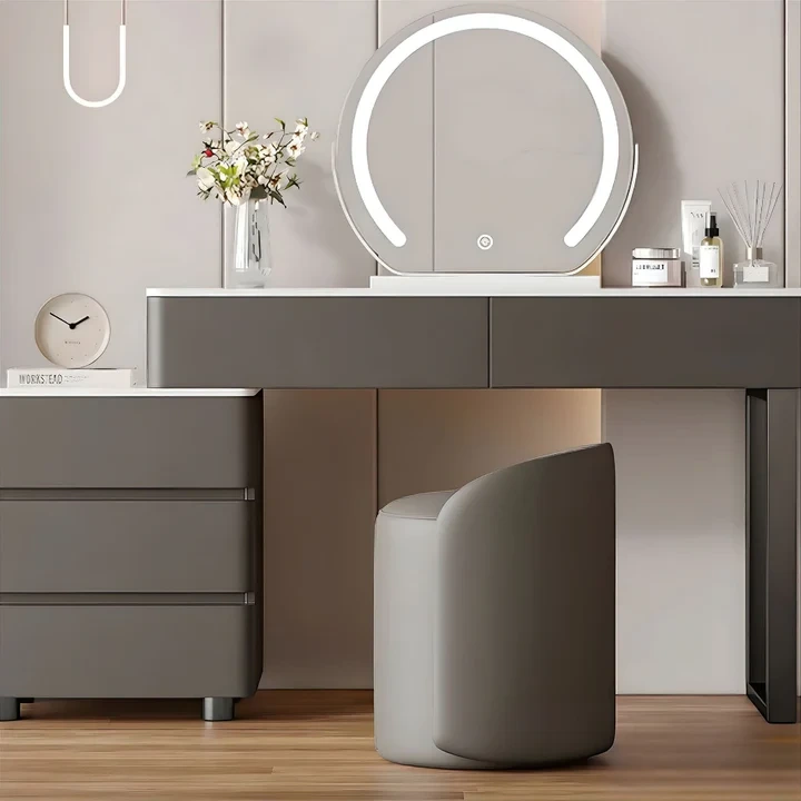 Customized High Gloss 5 Drawers Vanity Table Set With Mirror and Stool For Bedroom 1