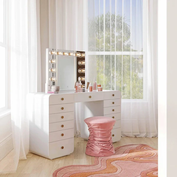 Modern High Gloss 13 Drawers Dressing Table Vanity Table Set With Mirror Led Light Dressing Table For Bedroom 1