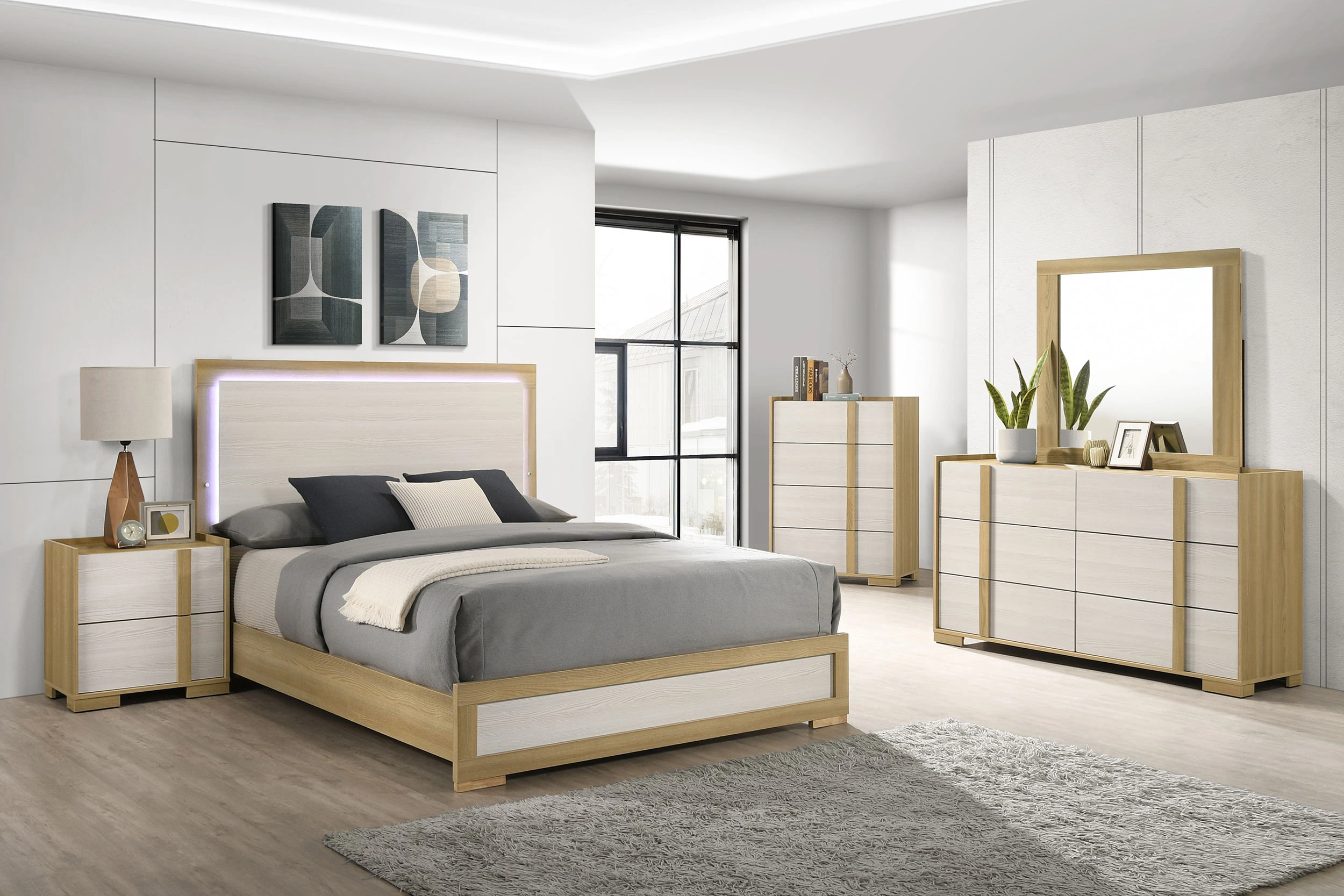 Modern wooden bedroom set with bed nightstand dresser with mirror  total 5 pcs for bedroom furniture 1