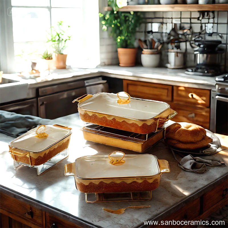Luxury Ceramic Baking Pan Set of 3 with Glass Lid Gold Rack – Modern ...