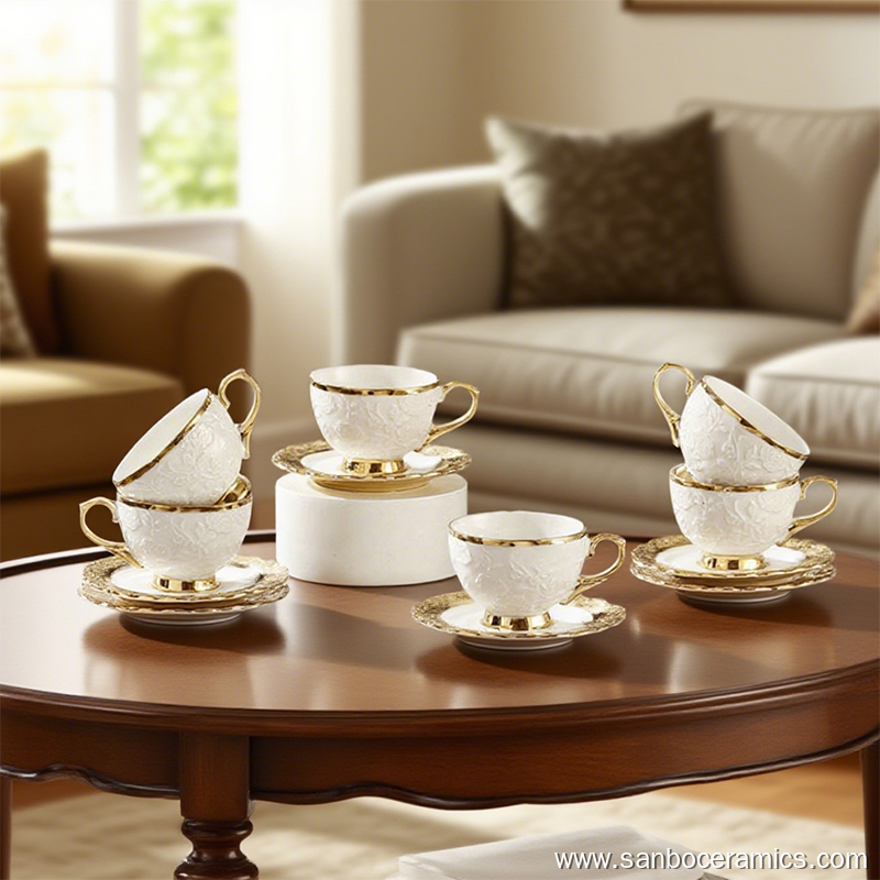 ROYAL GOLD LUXE Ceramic Tea Cup & Saucer Set Elegant 4-Shape Design ...