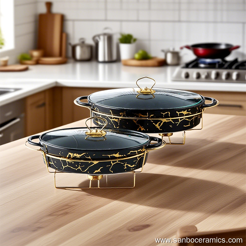 Luxury Gold Marbling Ceramic Baking Pan Set with Glass Lid & Golden ...
