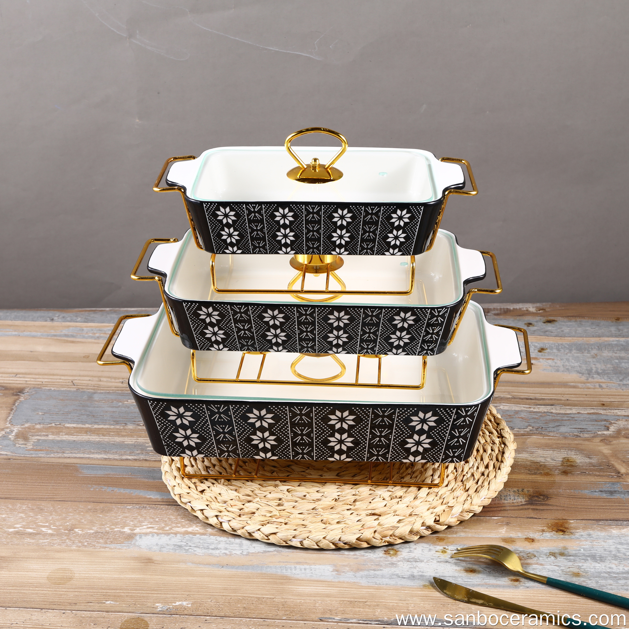 Customizable Nordic Floral Ceramic Baking Pan Set of 3 with Glass Lid ...