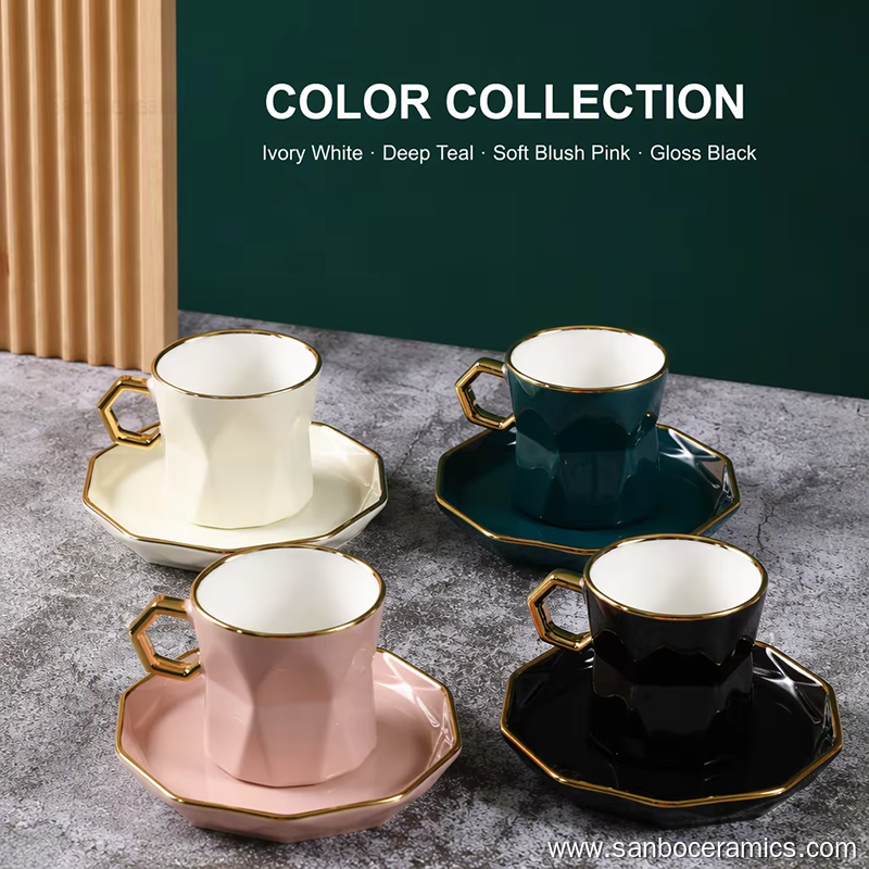 Luxury 100ml 3D Diamond Shape Ceramic Coffee Cup and Saucer Set