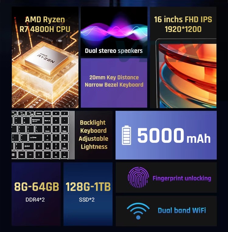 16 Inch Office Business Laptop R7-4800H octa Core CPU FHD IPS Screen ...
