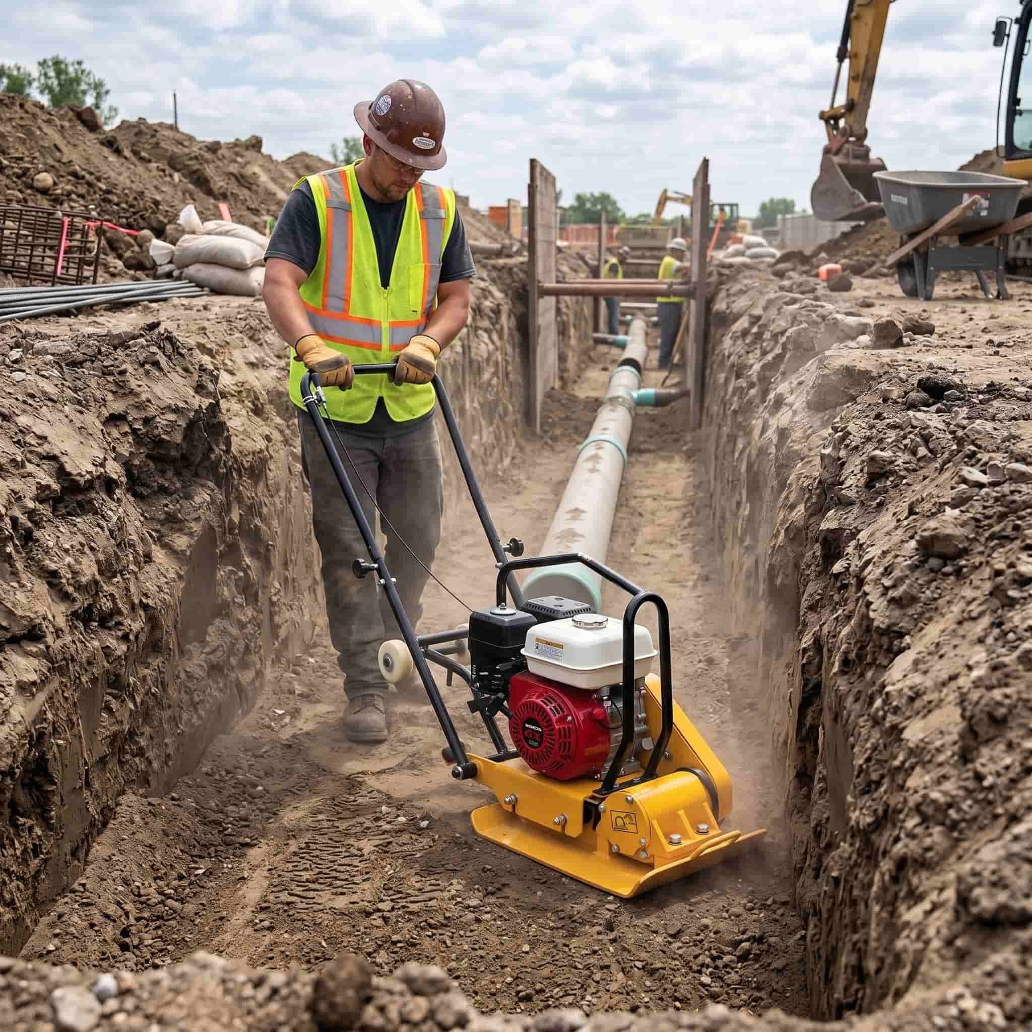 worker using tamping rammer for trench backfill compaction on construction site