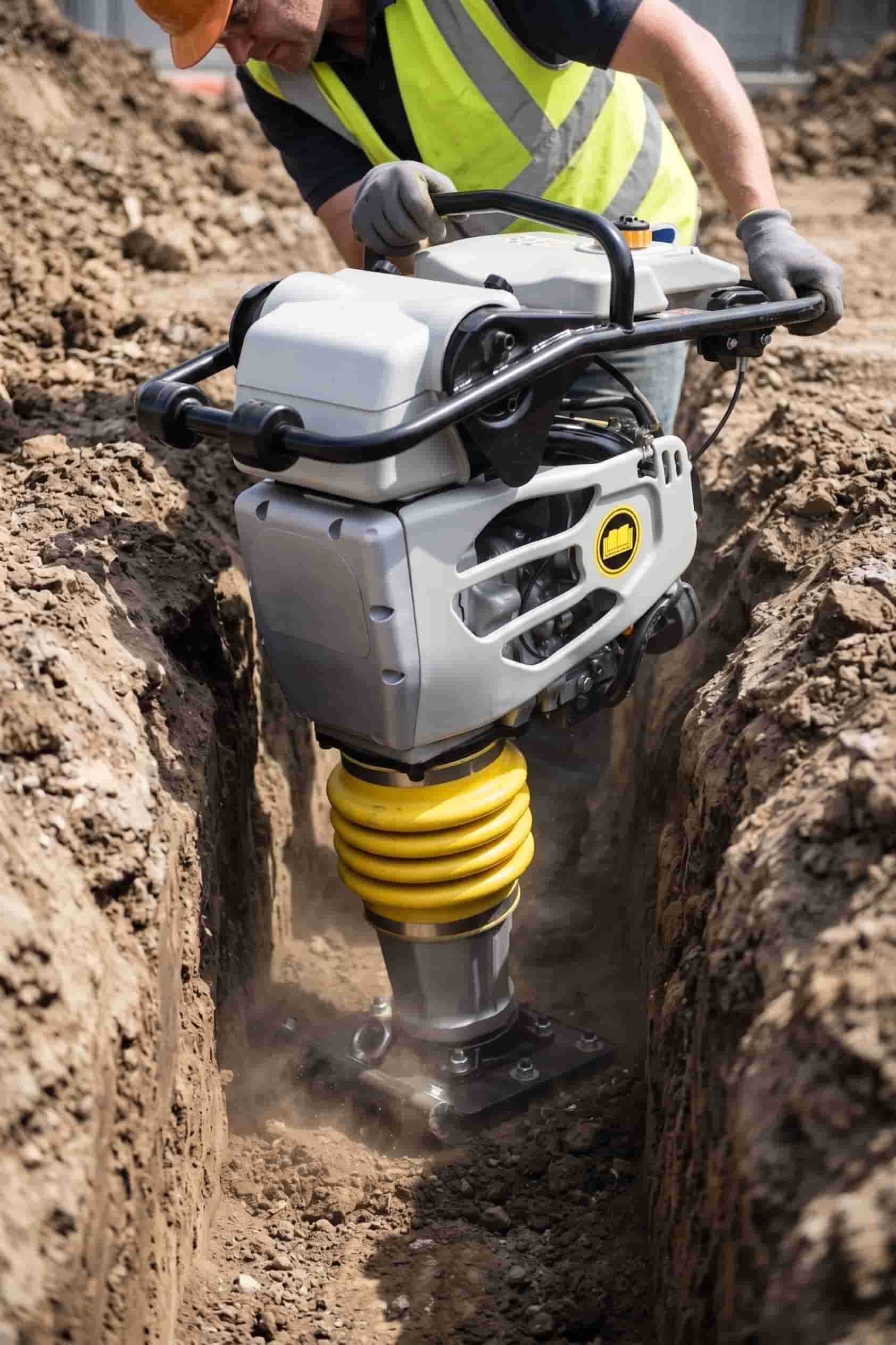 jumping jack tamping rammer operating inside narrow utility trench for soil compaction