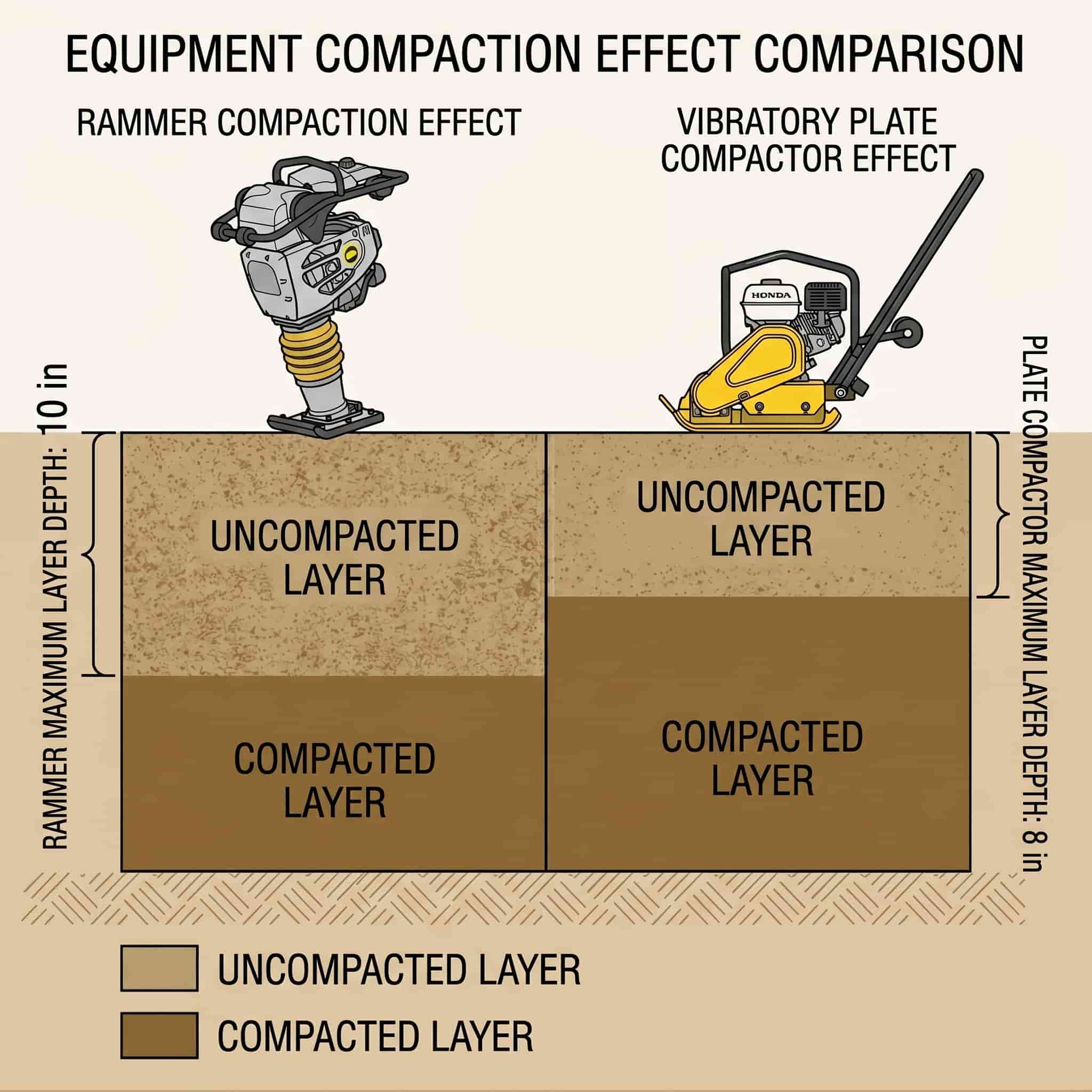 soil compaction lift thickness comparison rammer 10 inches vs plate compactor 8 inches trench backfill