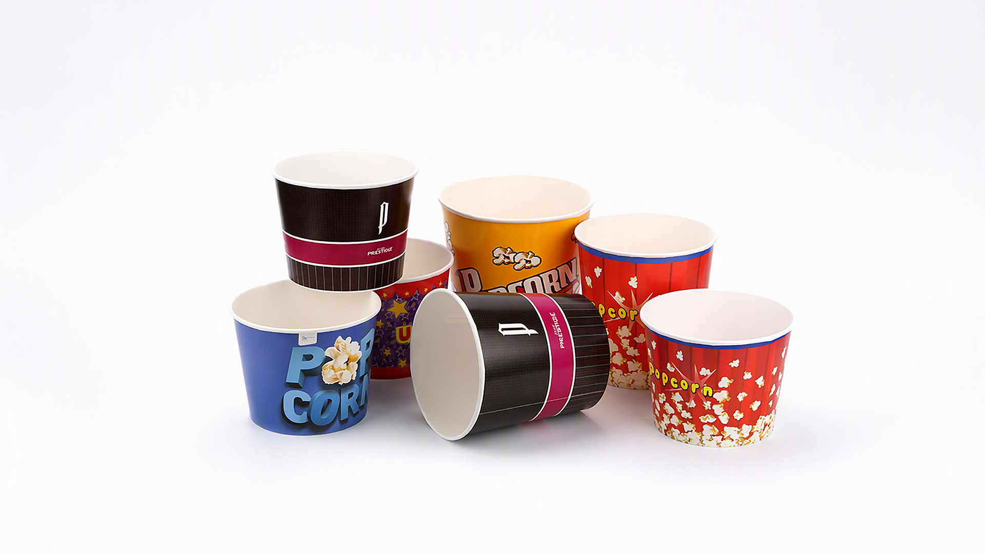 Printed paper popcorn buckets packed 25pcs per sleeve for export