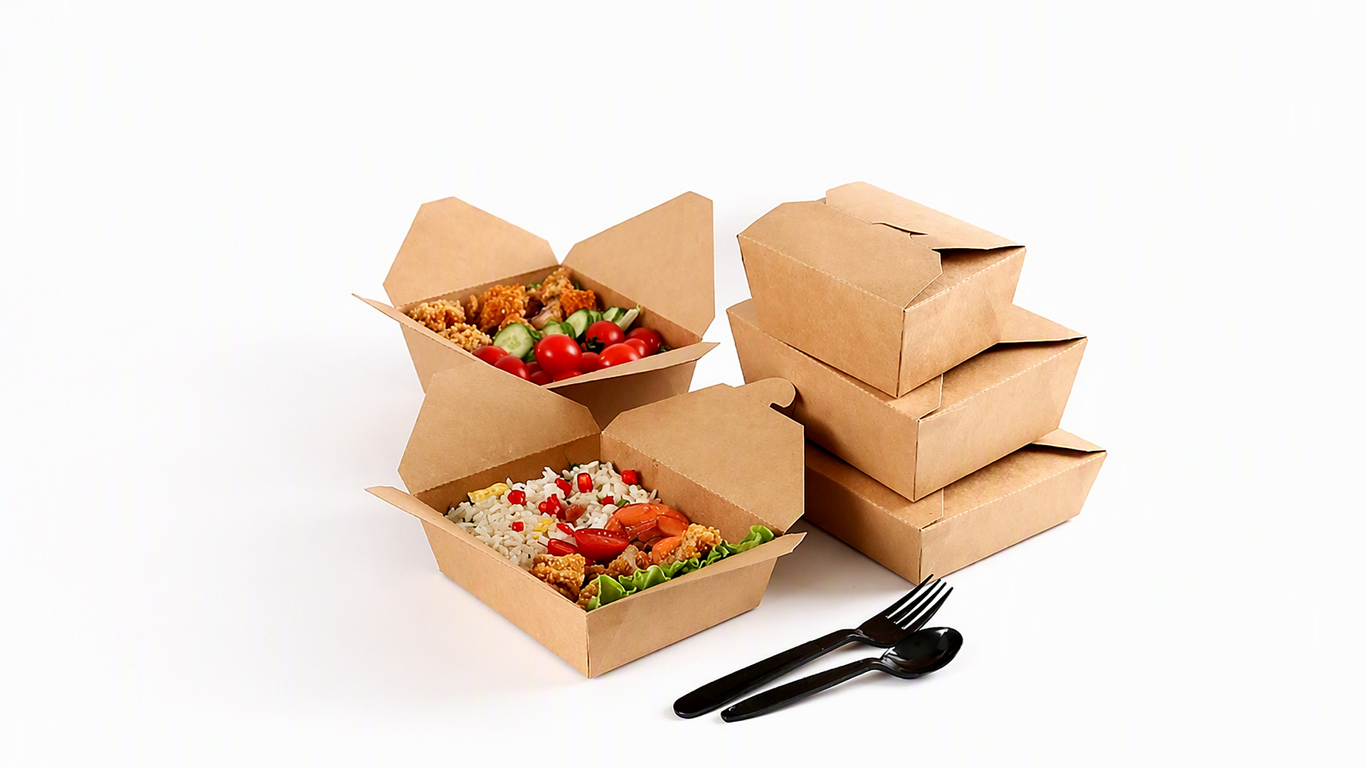 Envases Kraft para comida para llevar de 500 ml a 2400 ml con cierre fácil.